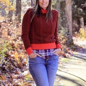LL Bean Signature Sweater Womens S Cotton Fisherman Chunky Knit Red Colorblock